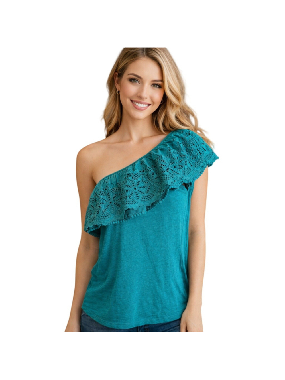 Anthropologie One Shoulder Turquoise Lace Top XS